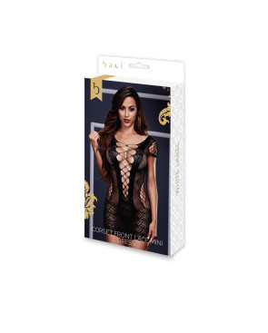 Mini Vestito di Pizzo Corset Front Taglia Unica Baci Lingerie BLW3126 Nero (Taglia unica)
