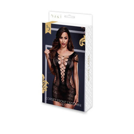 Mini Vestito di Pizzo Corset Front Taglia Unica Baci Lingerie BLW3126 Nero (Taglia unica)