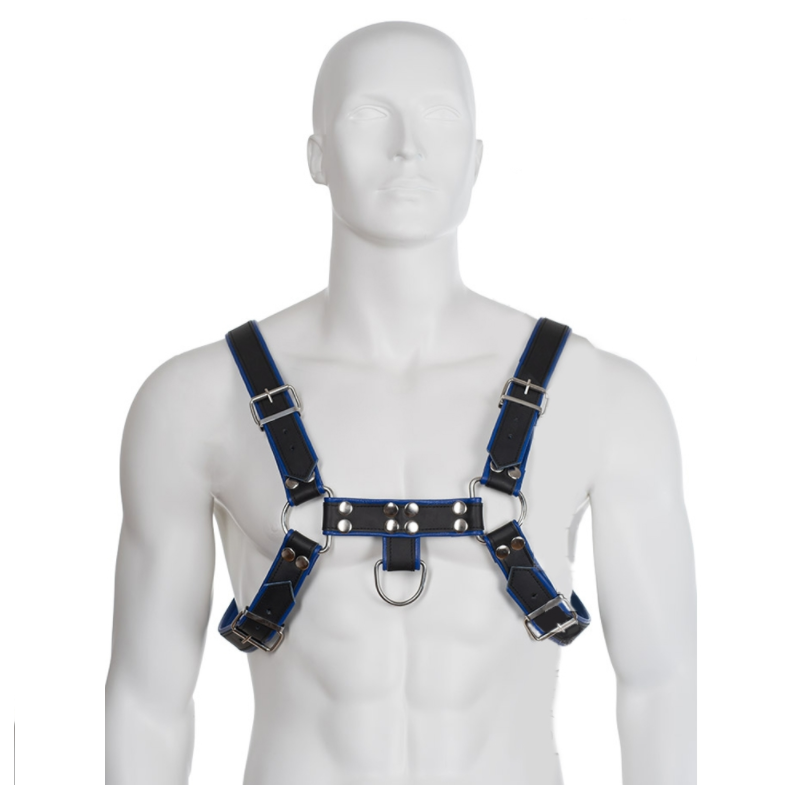 LEATHER BODY - IMBRACATURA BULLDOG PETTO PELLE NERA / BLU LEATHER BODY - IMBRACATURA BULLDOG PETTO PELLE NERA / BLU